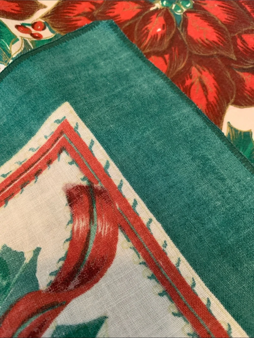 84” X 60” Holly & Poinsettia Linen Blend Christmas Tablecloth  Print Block